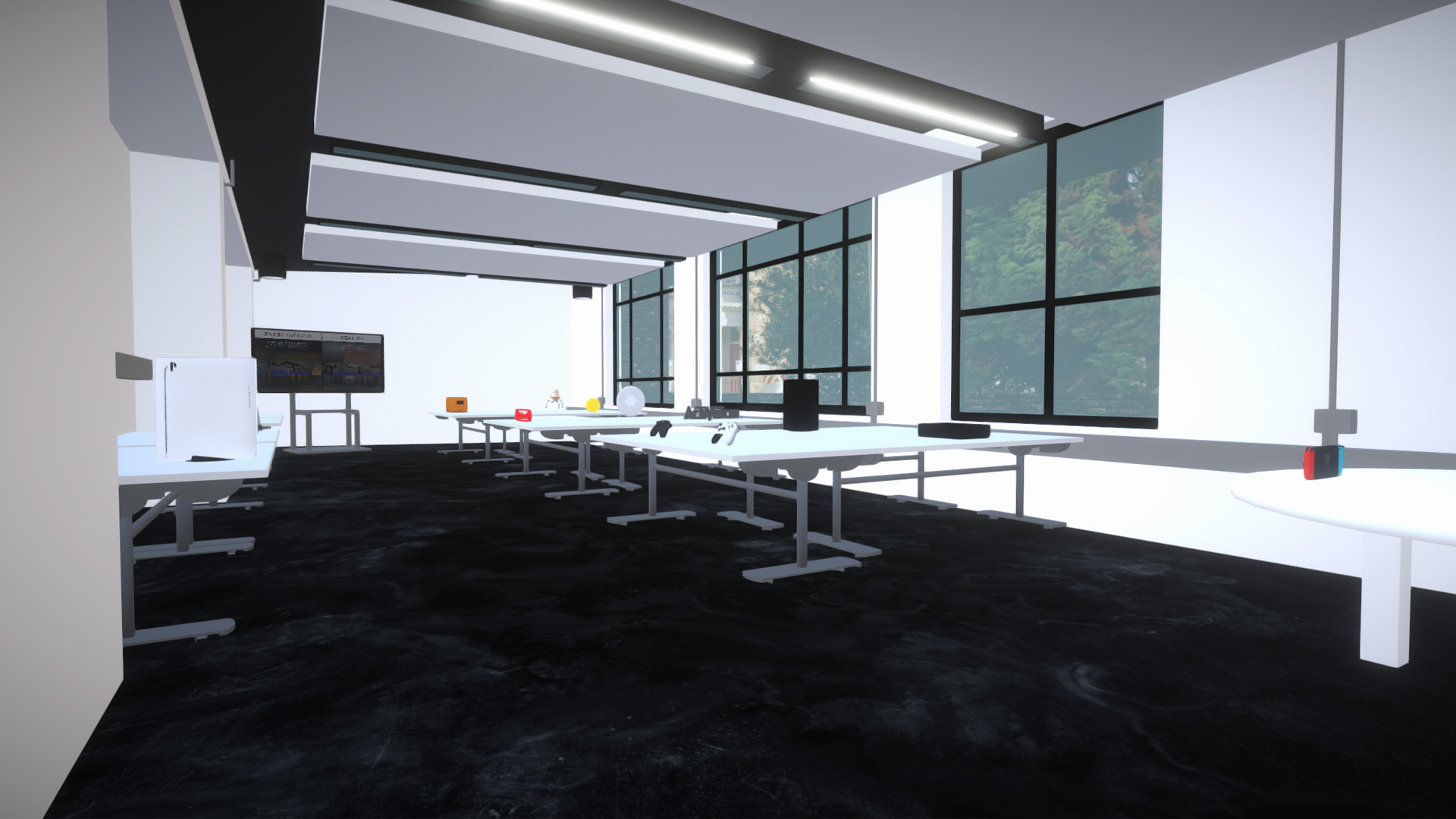  an image of a virtual enviroment. the enviroment is a medium sized room with tables on each side. on the tables are video related items such as 3D logos or well known objects